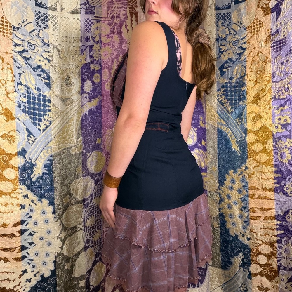Mixed Media Plaid Asymmetric Ruffle Hem Fairy Grunge Forest Girl Dress Size S